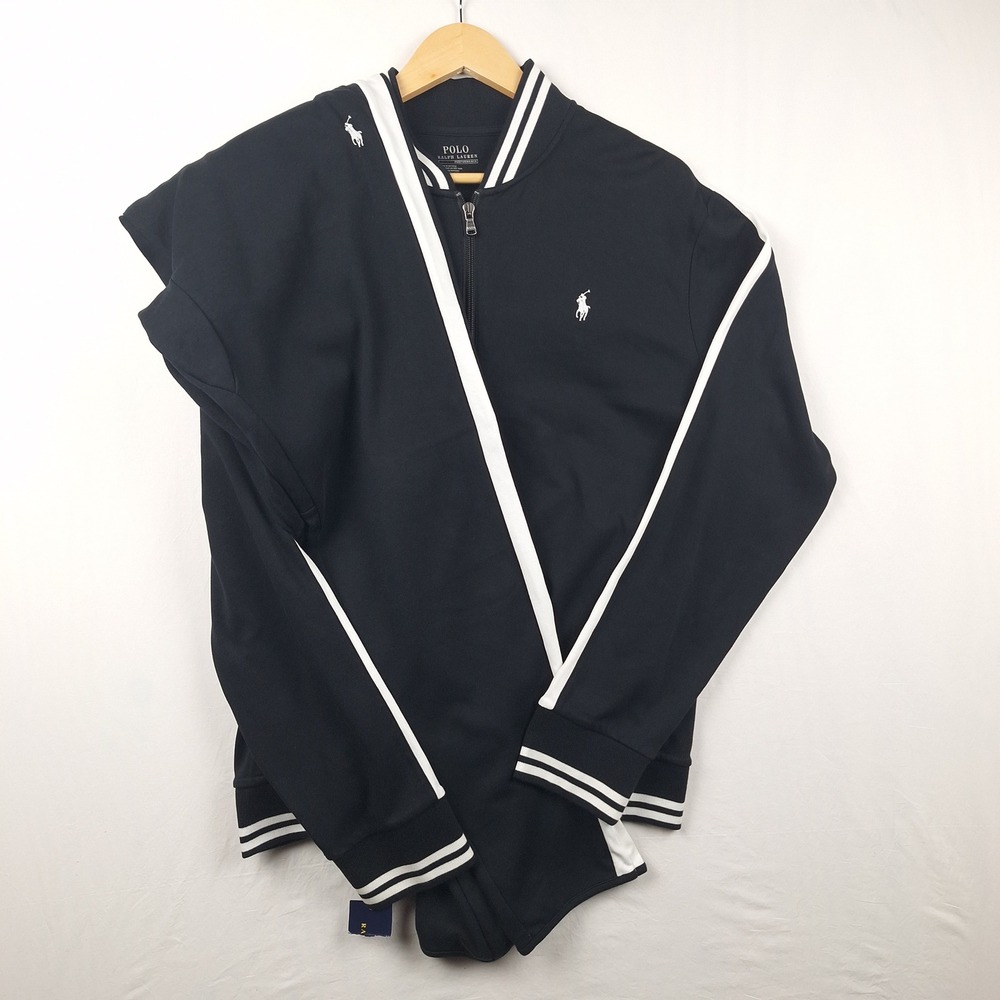 Polo Ralph Lauren Performance Track Jacket Varsity Stripe 100% Cotton Black L